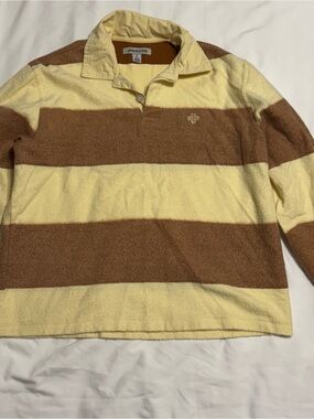 Urban Outfitters Cream and Brown Striped Rugby Polo